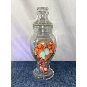 VTG 8” Glass Delagar Drug Store Apothecary Jar w Glow Skulls Ribbon Halloween
